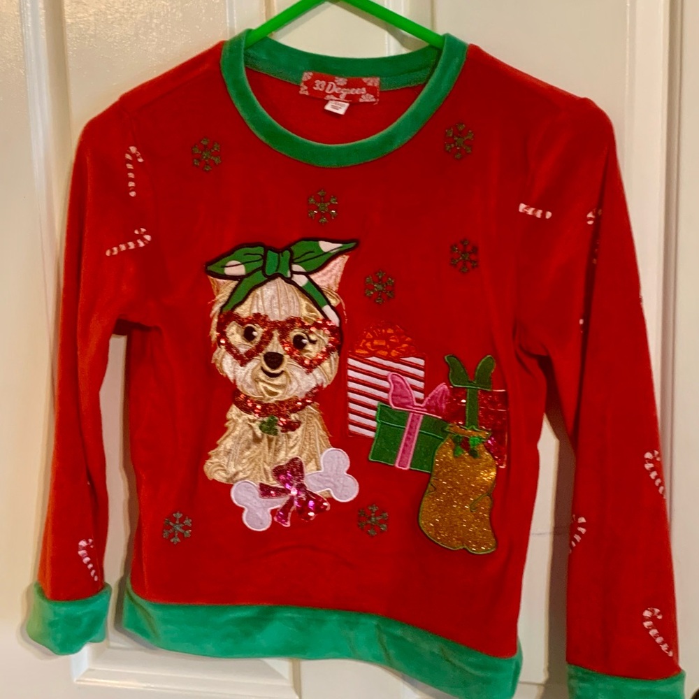 33 Degrees Red Holiday Yorkie Dog Sweatshirt Lots of Sequins!